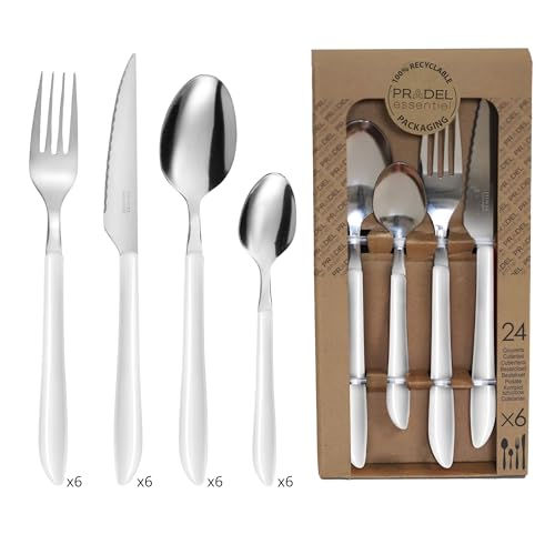 PRADEL ESSENTIEL - Juego de cubiertos de 24 piezas para 6 personas - Vibrato - 18/0 Acero inoxidable, acabado estándar - Blanco (Grosor 2,5 mm)