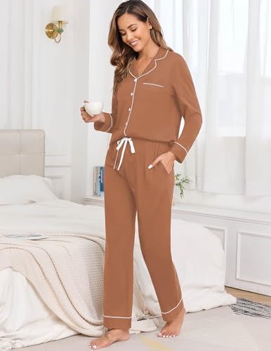 Image of Veseacky 100% Cotton Women's Pajama Set Long Sleeve Button Down Sleepwear Soft Pjs Lounge Sets Nightwear Pjs XS-XXL