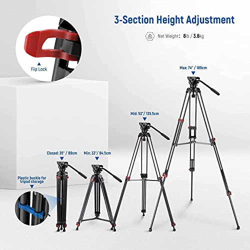 Neewer 74" Pro Video Tripod With Fluid Head, Heavy Duty Aluminum Tripod With 360° Pan&-70°/+90° Tilt Head Quick Release Plate And Mid-Level Spreader For Dslr Camera&Camcorder, Max Load:17.6Lb/8Kg-Gm88 #TOP1