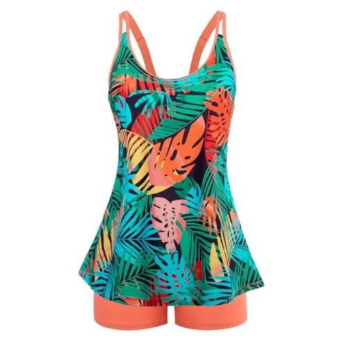 Arolina Tankini Swimsuits for Women Tummy Control Two Piece Bathing Suits Flowy Swim Tops with Boy Shorts Multi-colored Leaves Medium