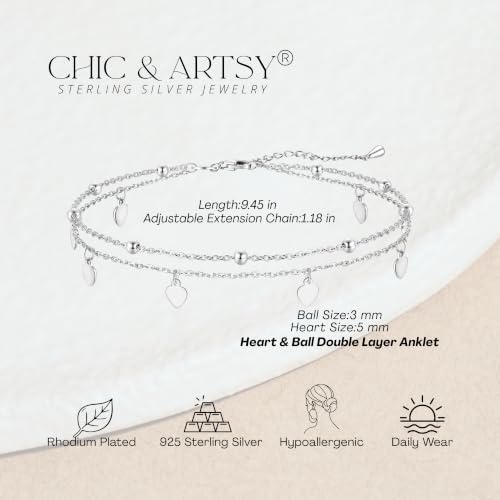 Image of CHIC & ARTSY 925 Sterling Silver Ankle Bracelets for Women, Dainty Adjustable Layered Foot Chains with Symbolic Charms, Boho Beach Everyday Lightweight Jewelry
