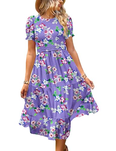 Image of YESNO Women's Summer Causal Puff Short Sleeve Smocked Dress Elastic Waist Tiered Midi Dress with Pockets EP2