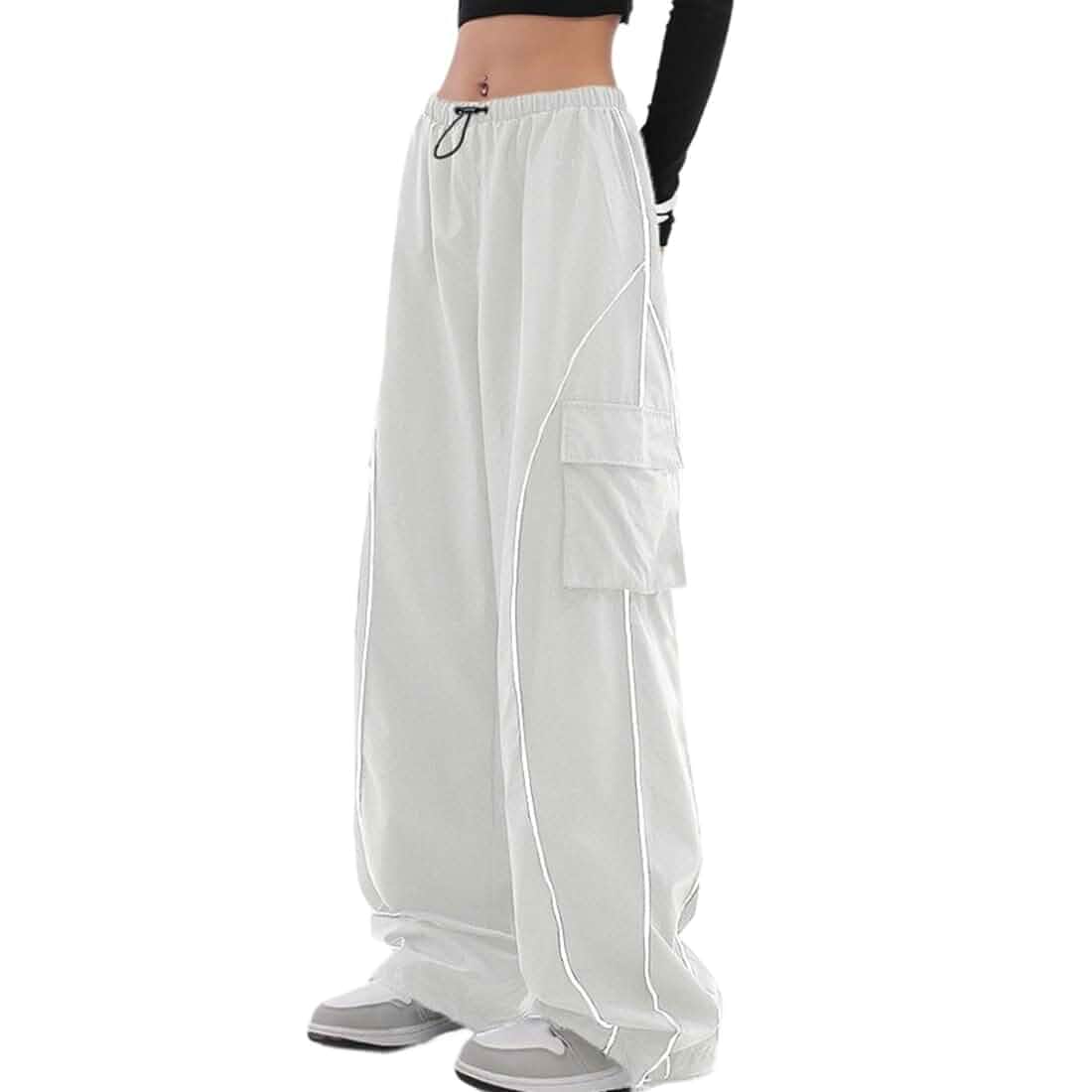 FENGQIYUNHAI Y2K Parachute Track Pants for Women Low Rise Baggy Wide Leg Cargo Pants for Women