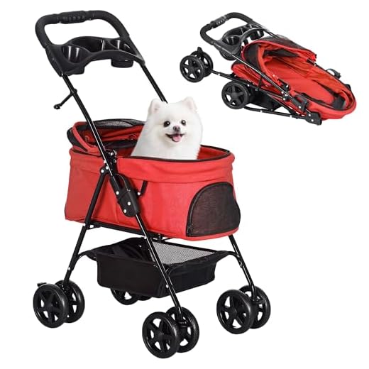 Pawhut Cochecito para Mascotas Plegable Carrito para Perros Desmontable Acero Tela Oxford Ruedas Giratorias Frenos Ventana para Perros Gatos Pequeñitos 67x45x96 cm Rojo