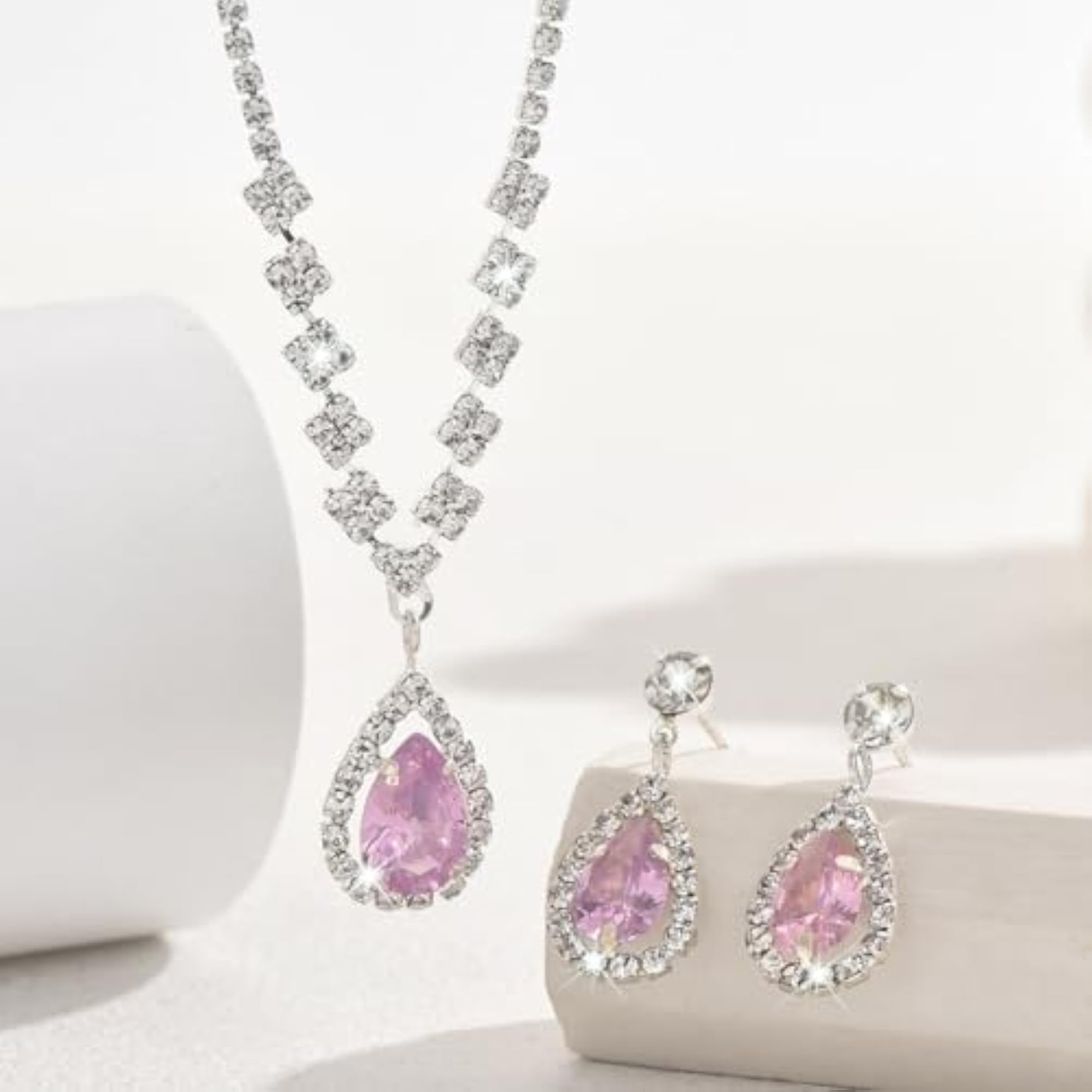 Crystal Zircon Necklace and Earrings Set, Teardrop Pendant