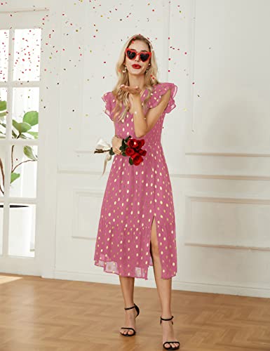 Image of GRACE KARIN 2026 Womens Summer Dresses V Neck Ruffle Sleeve Floral Boho Beach Dress A-Line Swing Midi Wedding Guest Sundress