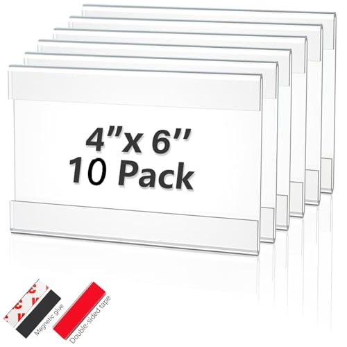 XSMYXSY 4X6 Inch Clear Acrylic Sign Holder – Reusable Adhesive & Magnetic Strip Included – Peel & Stick Wall/Tabletop Display for Menus, Labels, Signage (10 Pack)