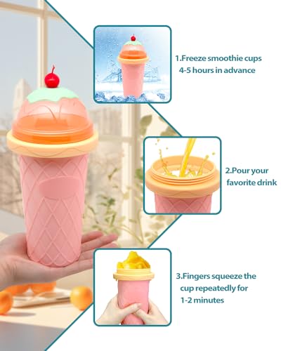 Slushie Cup, Smoothie Cups mit Deckel & Strohhalmen, Slushy Cup für Säfte, Milch und Eiscreme, Tragbare Frozen Magic Slushie Cup Maker für Kinder, Freunde und Familie (Rosa) – Bild 5