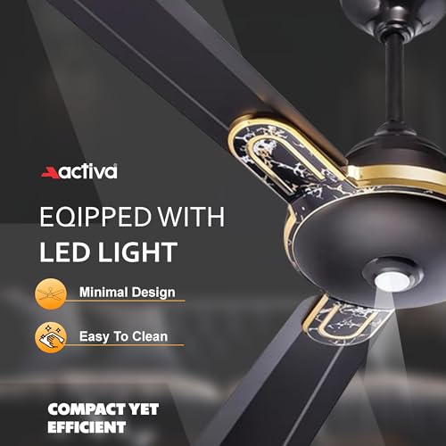 Image of ACTIVA Energia 1200mm BLDC Ceiling Fan with LED Light & Remote | 28W BEE 5 Star Energy Saving Fan, High Air Delivery 3 Blade, Silent Operation, Timer & Reversible Mode, 5 Year Warranty Marble Black