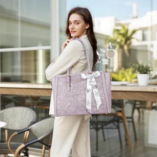 Image of MOSISO Laptop Bag for Women, PU Leather Tote Bag, Front Embossed Retro Hibiscus Computer Bags with Silk Scarf&Clutch Purse