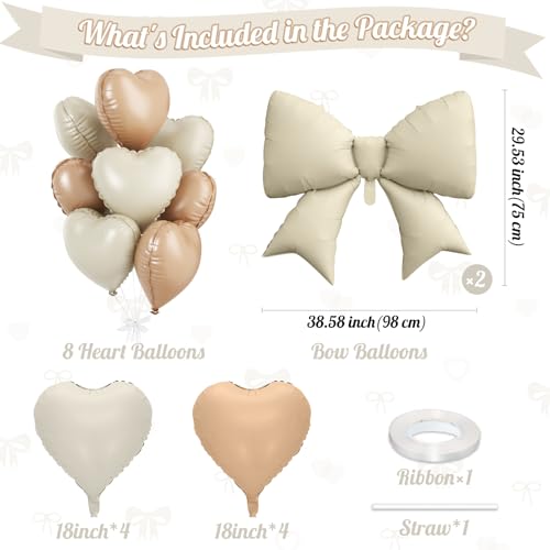 Cream Heart Balloons, Bow Party Decorations with 10Pcs 18 Inch Beige Heart Shaped Balloon, 38 Inch Helium Cream Bow Balloon for Birthday Valentines Engagement Baby Shower Bridal Wedding Party Decor by FunHot - Used condition - Image 2