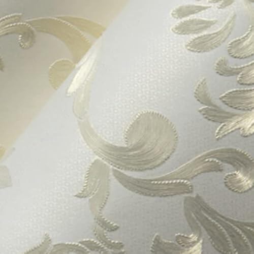 Q Qihang Non-Woven Wallpaper 3D European Damascus Wallpaper Warm Wedding Room Bedroom Living Room Tv Background Non-Pasted Wallpaper 1.73' W X 32.8' L (Rice White) #TOP7
