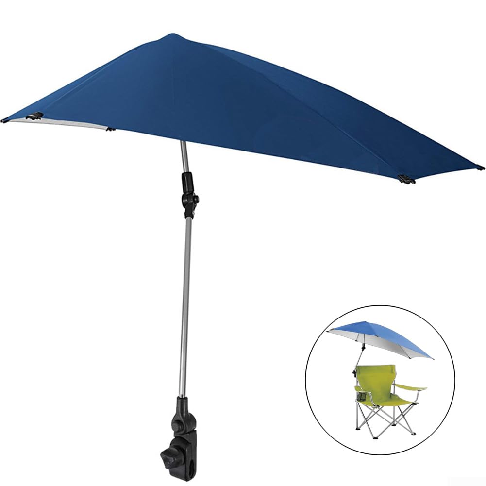 Parasol à pince pour chaise de pêche, poussette, chaise de plage et sac de golf, pare-soleil pliable portable avec clip réglable puissant, bleu
