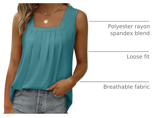 Image of Saloogoe Summer Tank Tops for Women Loose Fit Pleated Square Neck Sleeveless Tops Curved Hem Flowy