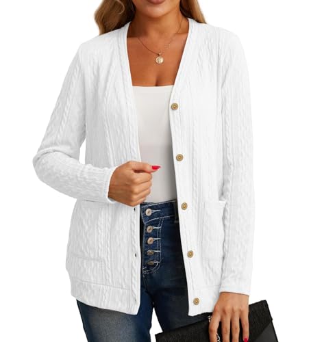 GRECERELLE Gilet Femme Cardigan Chic et Elégant Torsadé pour l'Automne avec Boutons Col en V et Poches Pratiques (Blanc, L)
