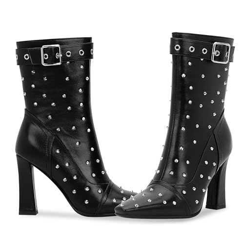 Women's Punk Rivet High Heel Square Toe Ankle Boots Buckle Strap Sexy Booties3