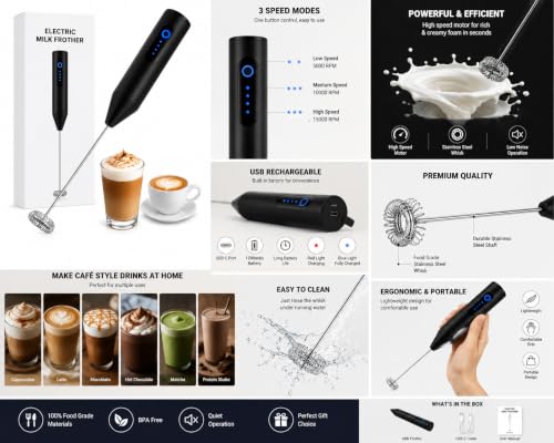Image of Rechargeable Electric Milk Frother, Handheld USB-C Milk Foamer for Coffee, Cappuccino, Latte, Matcha & Hot Chocolate, 3 Speed Stainless Steel Whisk, Portable Drink Mixer, Black