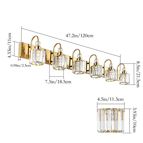 Image of Ralbay Gold Crystal Vanity Lights for Bathroom 6-Lights Brass Gold Crystal Bathroom Vanity Lights Over Long Mirror Modern Crystal Bathroom Wall Lighting Fixtures