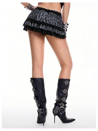 MakeMeChic Women's Cheetah Print Lace Skirt Ruched Drawstring Tiered Ruffle Y2k Mini Skirts3