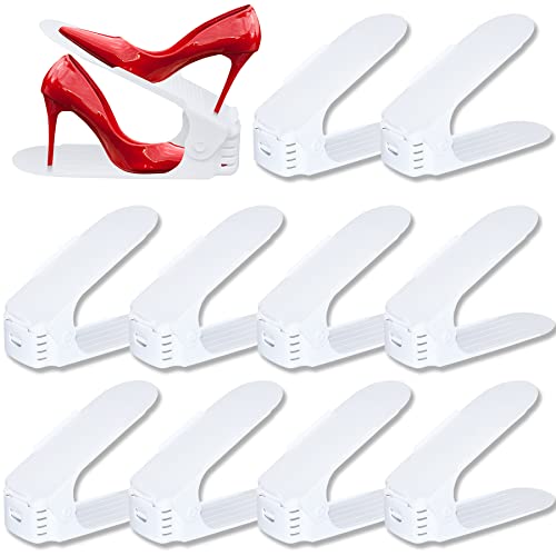 Froadp Zapatero Ajustable 10 piezas Portátil de Plástico Ajustable en Altura 3 Niveles Organizadores de Zapatos Soporte para Entrada Armario Vestidor(Blanco)