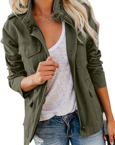 Womens Zip Up Military Anorak Safari Jacket Snap Button Parka Utility Coat Lightweight Field Outwear with Pockets
