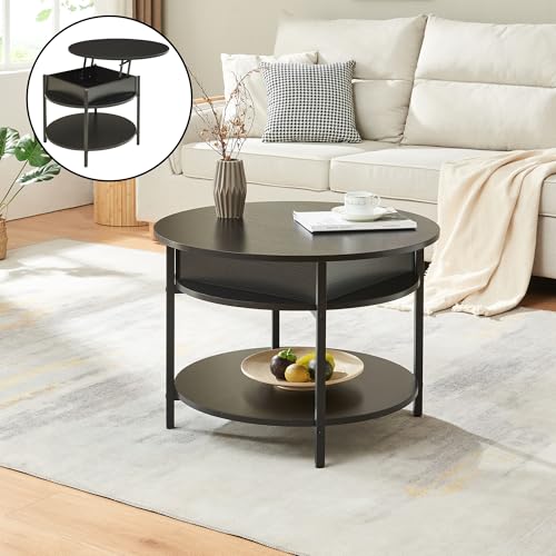 [en.casa] Table Basse Ronde Transformable avec Plateau Relevable et Compartiment de Rangement Intérieur Table d'Appoint Moderne Stable Salon Panneau de...
