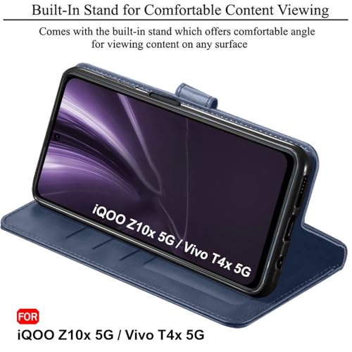 Image of TheGiftKart Flip Back Cover Case for iQOO Z10x 5G / Vivo T4x 5G | Dual-Color Leather Finish | Inbuilt Stand & Pockets | Wallet Style Flip Case Cover (Faux Leather, Blue & Sky)