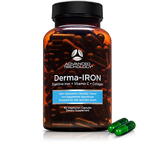 Advanced Trichology Derma-Iron Supplement for Women and Men – Iron blood builder pills for hair and skin with Collagen and natural Vitamin C, low iron and ferritin, thinning hair, hair loss support