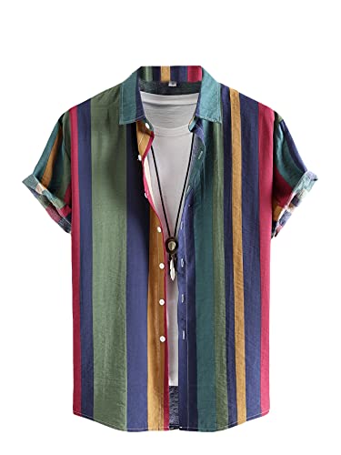 OYOANGLE Men's Color Block Striped Print Short Sleeve Button Up Casual Shirt
