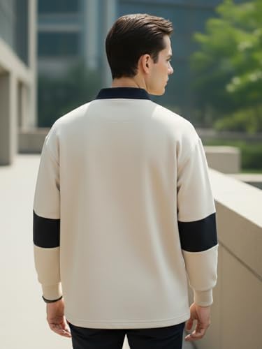 Image of Veirdo Men's Oversized Loopknit Cotton Polo Neck T-Shirt | Oversized Baggy Fit Full Sleeve Casual Streetwear Top with Ribbed Cuffs S-XXL