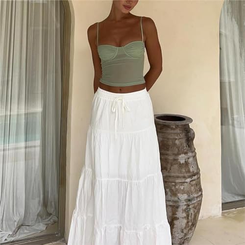 Y2k Women Boho Tiered Maxi Skirt Ruffle Pleated A Line Flowy Long Skirts Elastic Waist Beach Midi Skirt Casual4