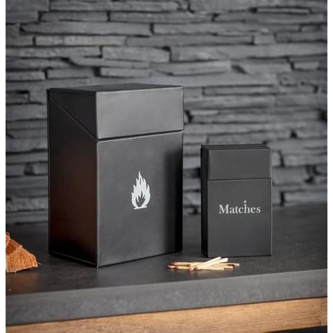 AuraHome Metal Fire Lighter Box & Match Storage Holder Set Grey Powder Coated Fits All Types, Flip Top Lid,Fireside Mantel Piece Trendy Keeps Matches & Firelighters Dry & Safe Ready to use Gift Set Cover