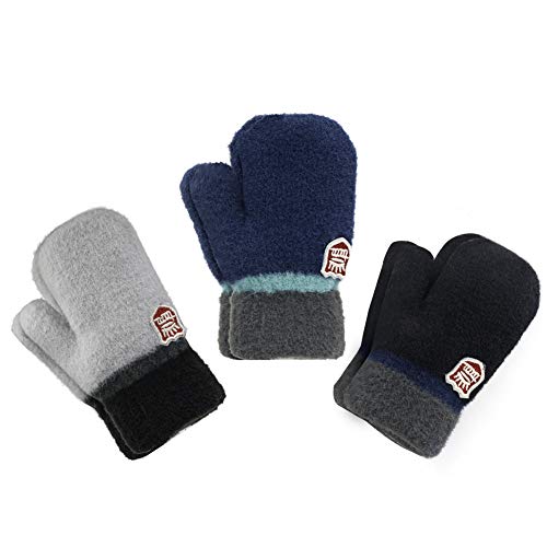 ORVINNER 3 Pack Toddler Gloves Winter Warm Fleece Lined Baby Soft Knit Mittens Toddler Winter Mittens for Boys and Girls (0-36 Months, Black/Navy/Grey Pack)