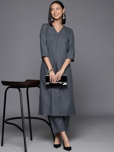 Image of Varanga Women's Violet Strap Kurta with Tonal Bottom & Printed Dupatta - Round Neck, Side Slit Design, Stylish & Comfortable
