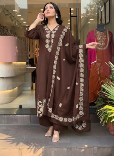 Image of ANNI Designer Women Embroidered Straight Kurta Palazzo Dupatta Set Rayon Viscose Kurti Pant Set Ladies Ethnic Wear for Office Festive Daily Use
