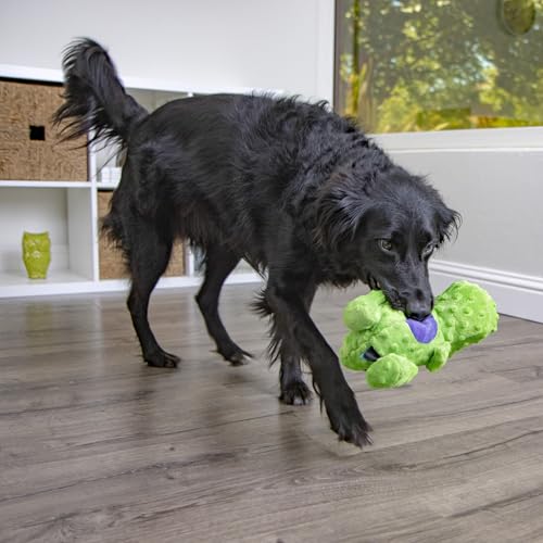 Image of FurHaven Orthopedic Dog Bed & goDog Toy - Squeaky Plush Dino with Chew Guard Technology for Large Dogs - Two-Tone Plush Faux Fur & Suede L Shaped Chaise - Espresso, Jumbo /XL