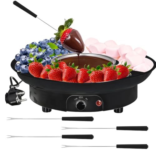Fondue de chocolate eléctrica, fuente de chocolate, juego de fuente de acero inoxidable, con 4 tenedores, 2 niveles de temperatura para derretir y mantener el calor, para chocolate, frutas, galletas