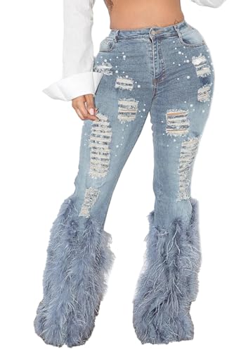 Lucuna Women's Pearl Ripped Jeans Fluffy Feather Bell Bottom Stretch Straight Leg Distressed Denim Pants