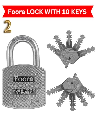 Image of Foora Primeguard Push Same Key Lock Set | 2 Heavy Duty Padlocks with 10 Keys | Double Locking 8 Lever Mechanism | Strong Metal Body | Multiple Lock and Key for Door Lock, and Shutter Security
