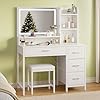 Greenstell Vanity Desk with Mirror and Lights, Makeup Table with Upholstered Stool, Power Outlets, 4 Drawers for Bedroom White