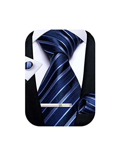 Image of DiBanGu Mens Striped Tie Silk Woven Necktie and Pocket Square Cufflinks Tie Clip Set Wedding Business Formal Gift Tie for Men