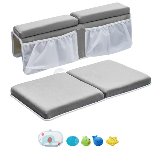Bath Kneeler and Elbow Rest Pad Set, 1.5 inch Thick Bath Kneeling mat Non-Slip Baby Bathtub Kneeling Mat Quick Drying Bathtub Knee Cushion with 4 Mesh Bags 3 Squeeze Toys for Baby Happy Bathing Time