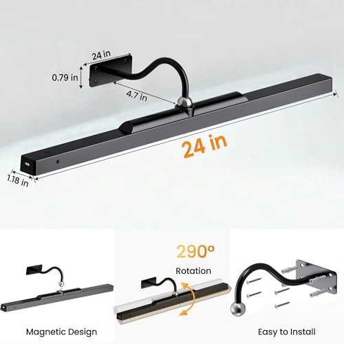 Image of 24Inch Picture Lights Battery Powered 6000mAh -3 Pack Black Wireless Remote Control Sconces for Gallery, Living Room, Museum & Large Wall Art