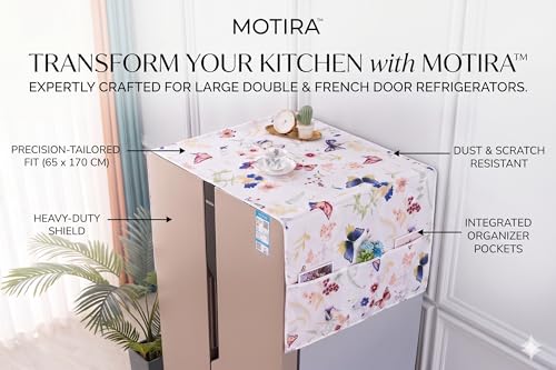 Image of Multi Floral Print Fridge Cover with Side Pockets|Fridge Top Cover|Refrigerator Cover|Single Door|Washable Material|4 Utility Pockets (Bird White, 65 * 170CM)