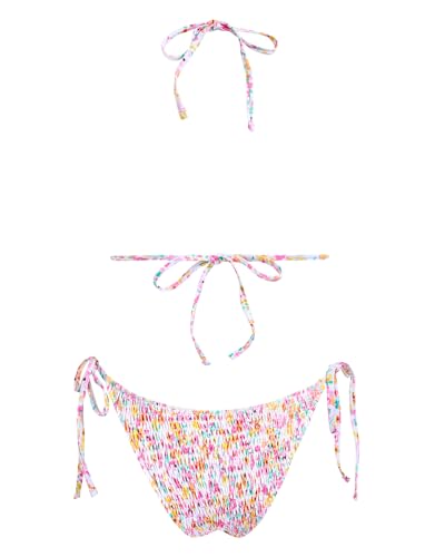 Image of Women's Triangle Bikini Set String Swimsuit Print Tie Smocked Ruched Two Piece Bathing Suit