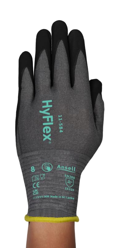 Ansell HyFlex 11-584 Gants Anti-Coupures, Enduction Nitrile Résistante à l'Abrasion, Gants de Travail Professionnels Haute Protection, Homme Femme, Gris, Taille L (12 Paires)