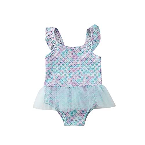 Toddler Baby Girls One Piece Swimsuit Ruffle Backless Bathing Suit Cute Daisy Rainbow Cloud Printed Beachwear Bikini Sunsuit (Blue Purple, 18-24M)