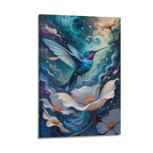 Poster animal colibri fleurs colorees tableau moderne WIZIGM art mural esthetique