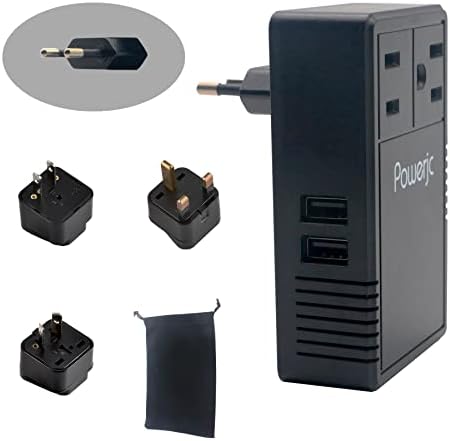 Powerjc Travel Voltage Converter Adapter Power Step Down 220V to 110V 2000W with 2 Outlets and 2 Smart USB Charging Ports Black
