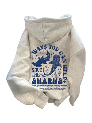 SHENHE Womens Whale Shark Hoodie Graphic Oversized Ocean Beach Hoodie Sweatshirt Pullover Light Grey Medium